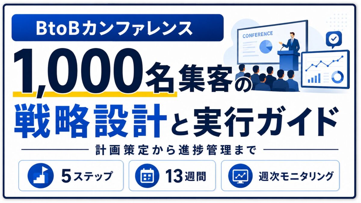 BtoBカンファレンスで1,000名を集客するための戦略設計と実行ガイドです。マーケティング責任者・イベント運営責任者・集客担当者向けに、5ステップで計画策定から進捗管理までを整理。集客力の棚卸し、施策選定と組み合わせ、13週間タイムライン、週次モニタリングと進捗レポート、リカバリー策まで網羅しています。