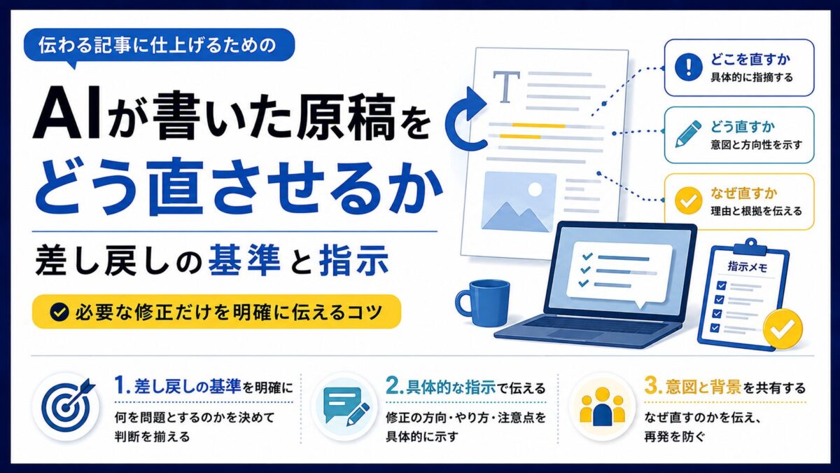 生成AIが書いた原稿を差し戻すか、自分で直すか、捨てて作り直すかの判断基準を解説します。基準を先に決める理由、該当箇所と理由をセットにした指示の書き方、修正版が本当に良くなったかの見分け方まで、BtoBの制作現場の運用をもとにまとめました。