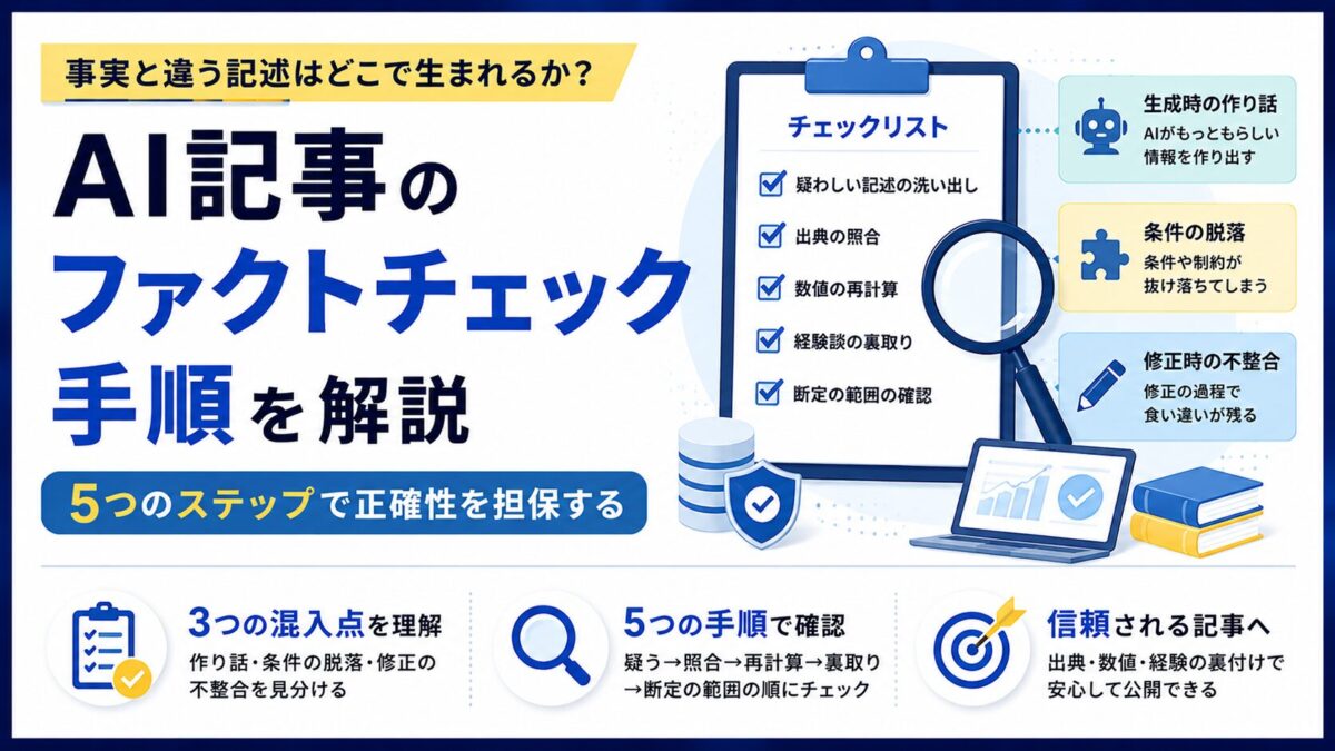 AI記事のファクトチェックを、事実と違う記述が生まれる3つの場所から解説します。AIの作り話だけでなく、条件の脱落や修正時の食い違いまで、混入点ごとの確かめ方を5つの手順にまとめました。出典の照合、数値の再計算、経験談の裏取りなど、BtoBの制作現場の運用が土台です。