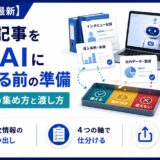 生成AIに記事を書かせると一般論になるのは、渡す素材が足りないからです。社内のどこに一次情報があるかの洗い出しから、出所・確からしさ・代表性・社外に出せる範囲という4つの軸での仕分け、守秘を保ったまま独自性を出す渡し方まで、BtoB記事制作の準備工程を解説します。