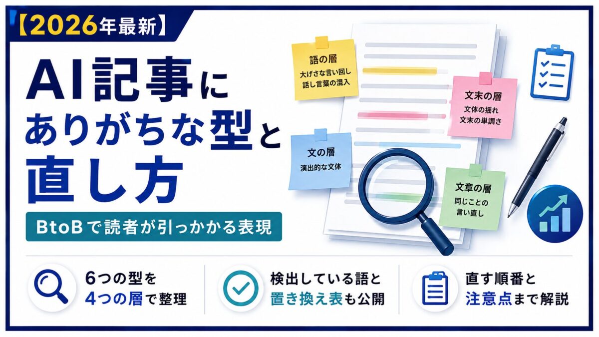 AIで書いた文章の不自然さは、感覚ではなく型で捉えると直せます。大げさな言い回し・話し言葉・文体の揺れ・文末の単調さ・演出的な文体・言い直しという6つの型を語・文末・文・文章の4つの層で整理し、実際に検出している語と直す順番まで解説します。
