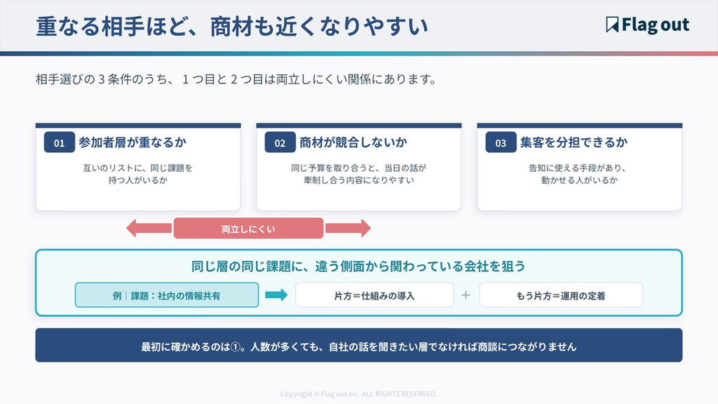 共催相手を見極める3条件と、参加者層と商材が両立しにくい関係