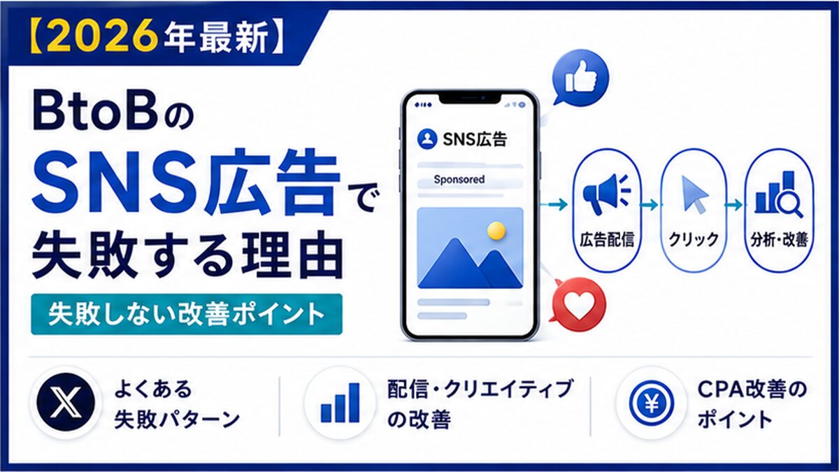 SNS広告の失敗の多くは、配信後の運用ではなく配信前の設計で決まります。BtoBでつまずきやすい7つの典型パターンを「配信設計・クリエイティブ・受け皿」の3層に分けて解説し、配信前チェックリストと失敗後のリカバリー手順まで紹介します。これから始める方の事前確認にも使えます。