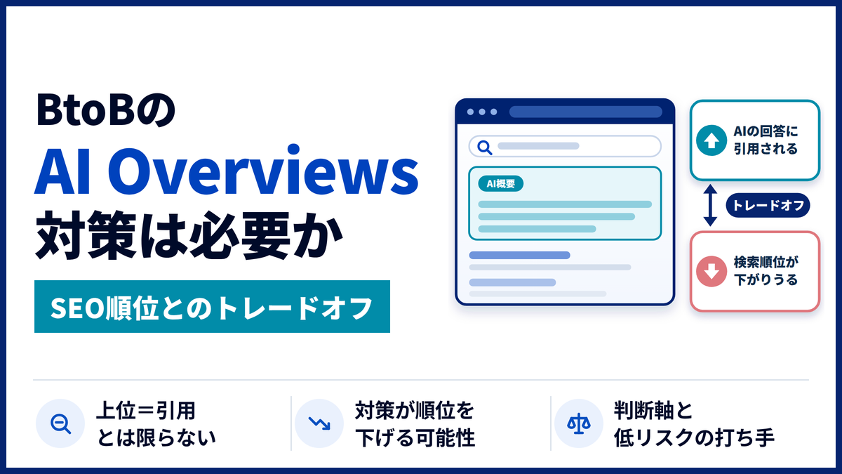 AI Overviews対策は、やり方より先に「やるべきか」の判断が必要です。SEOで上位でも引用されるとは限らず、対策が順位を下げる可能性もあります。効果が計測しにくい現状をふまえ、何を優先するかの判断軸をBtoBのマーケティング担当者向けに解説します。