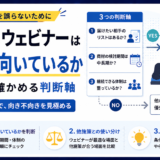 BtoBウェビナーを始めるべきか迷う方に向けて、向き不向きを分ける3つの条件を解説します。届けたい相手のリスト、商材の検討期間、続けられる体制の順に確かめ、他のリード獲得施策との使い分けと、やらないと決めてよい場合まで、支援現場の観察をもとにまとめました。